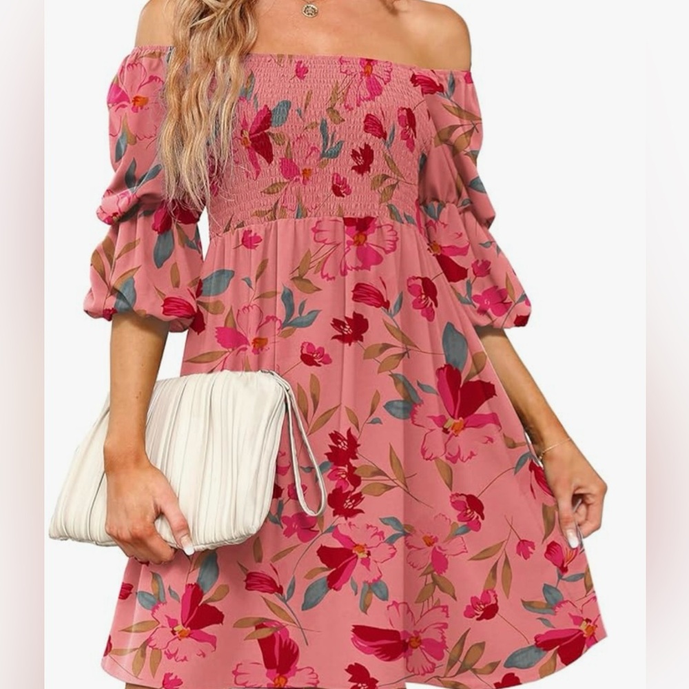 Women’s Square Neck Puff Sleeve Smocked Chest Off Shoulder Babydoll Mini Dress